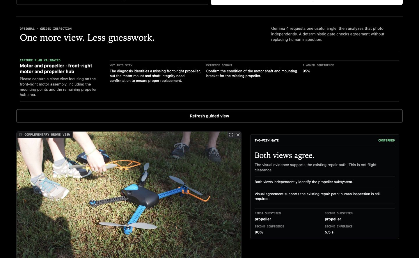 SparePart guided drone inspection interface showing a complementary photo and deterministic agreement gate